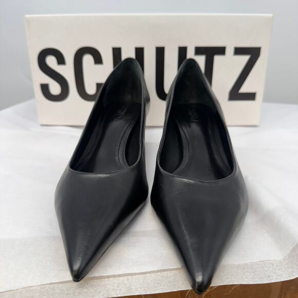 SCHUTZ New in Box Lou Mid Curve Pump Heel Black Leather with Gold Heel // 8 - Picture 5 of 11